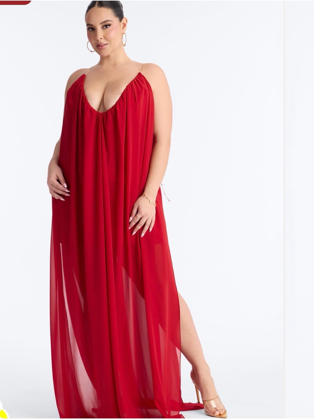 Elegant Red Sheer Maxi Dress with Deep V